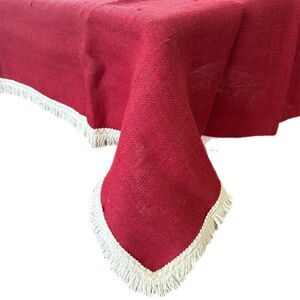 Red Jute Burlap Holiday Tablecloth Brush Fringed Christmas Vtg Cabin Core Rustic